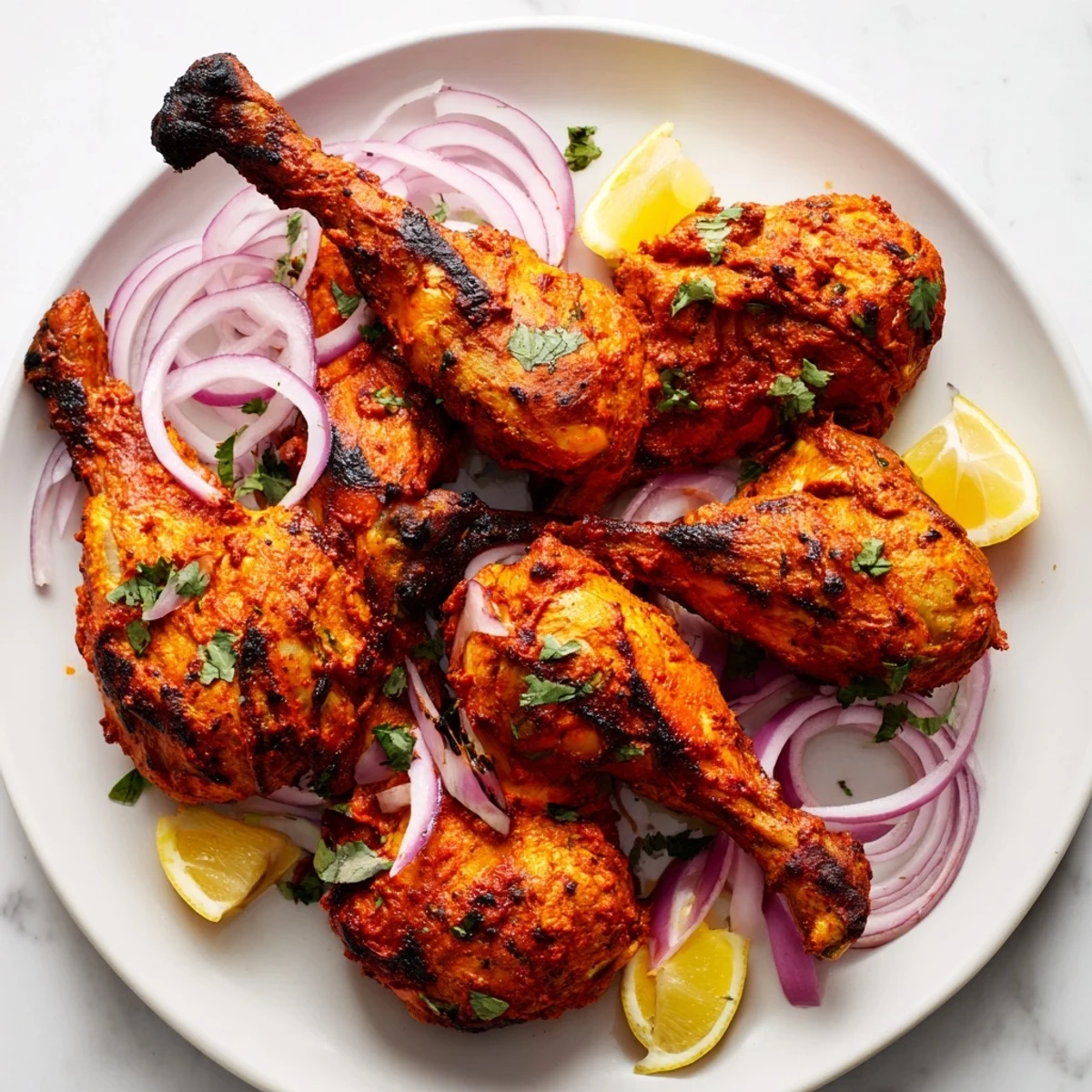 Whole tandoori chicken thighs with vibrant red spice coating served with lemon wedges