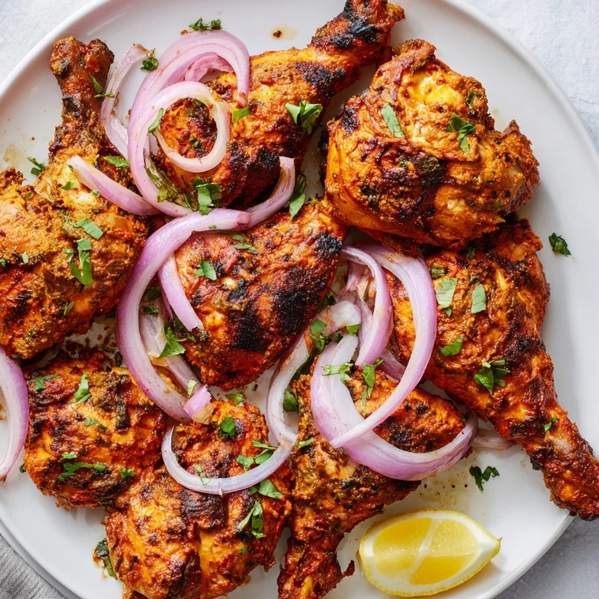 Spiced yogurt-marinated tandoori chicken pieces roasted to tender perfection with smoky charred marks