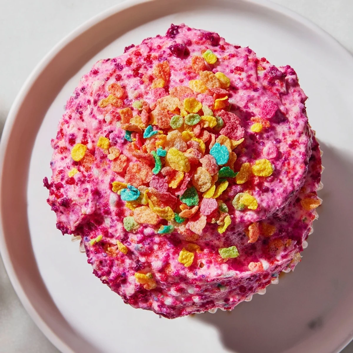 Spoonful of creamy Fruity Pebbles frosting speckled with bright rainbow cereal crumbs