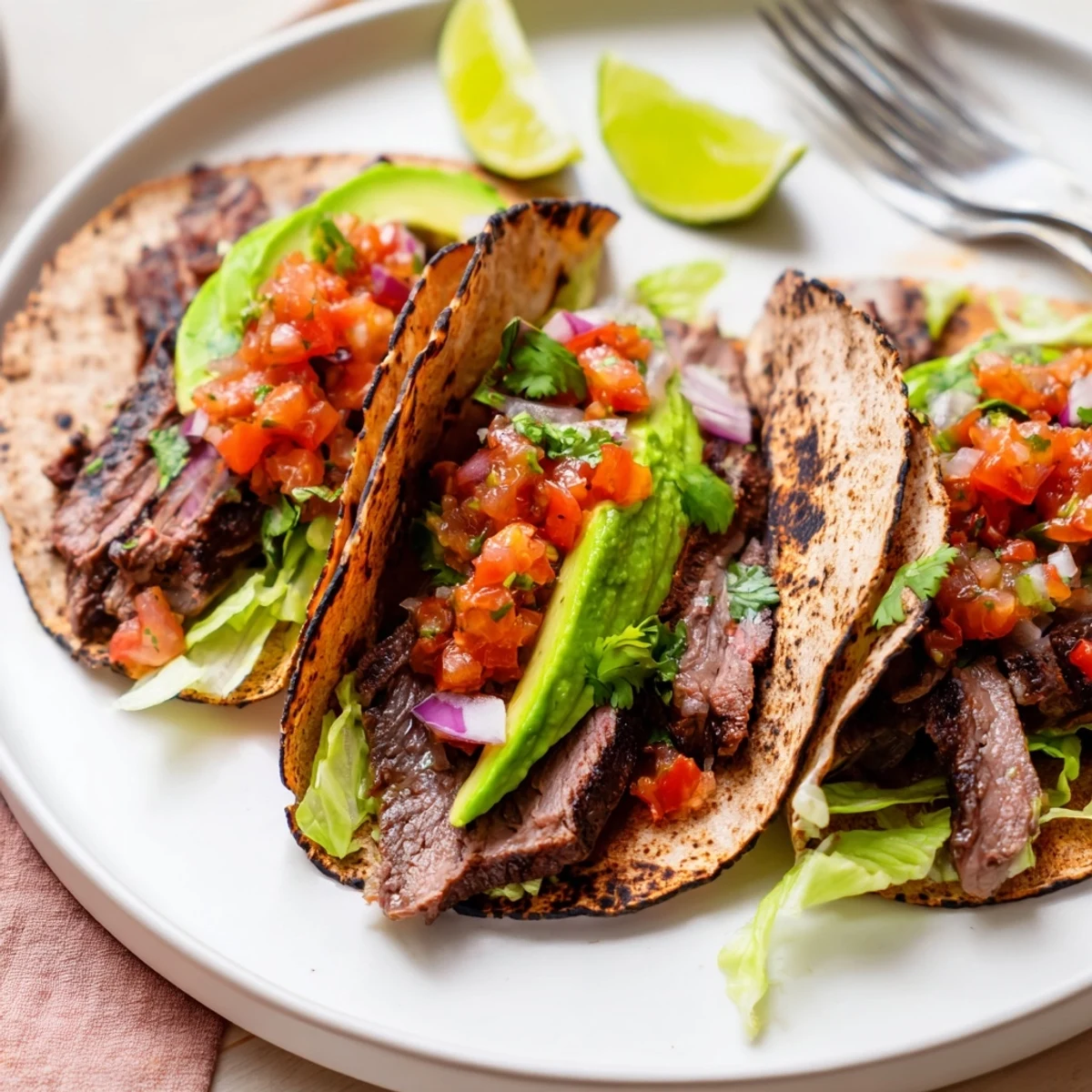Smoky Charcoal Grilled Tacos Recipe topped with creamy avocado and fresh cilantro