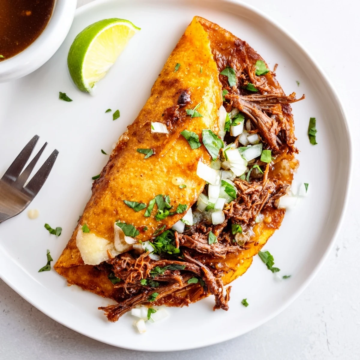 Citrus-spritzed Super Crispy Birria Tacos Recipe served with warm consomme for dipping