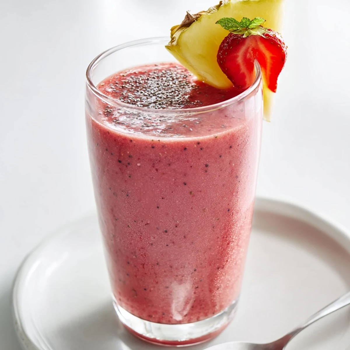 Cold Strawberry Pineapple Smoothie swirled, tropical sweetness and citrusy brightness