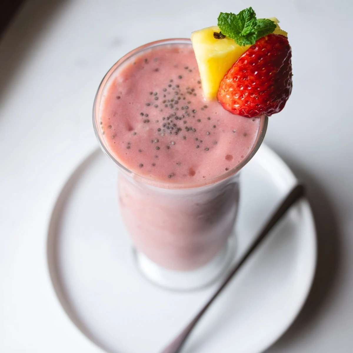 Strawberry Pineapple Smoothie in chilled glass, creamy texture with mint garnish