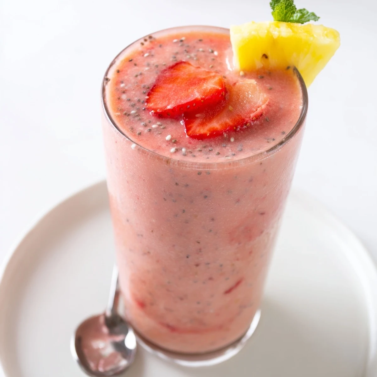 Morning-ready Strawberry Pineapple Smoothie poured over ice, vibrant pink-yellow color