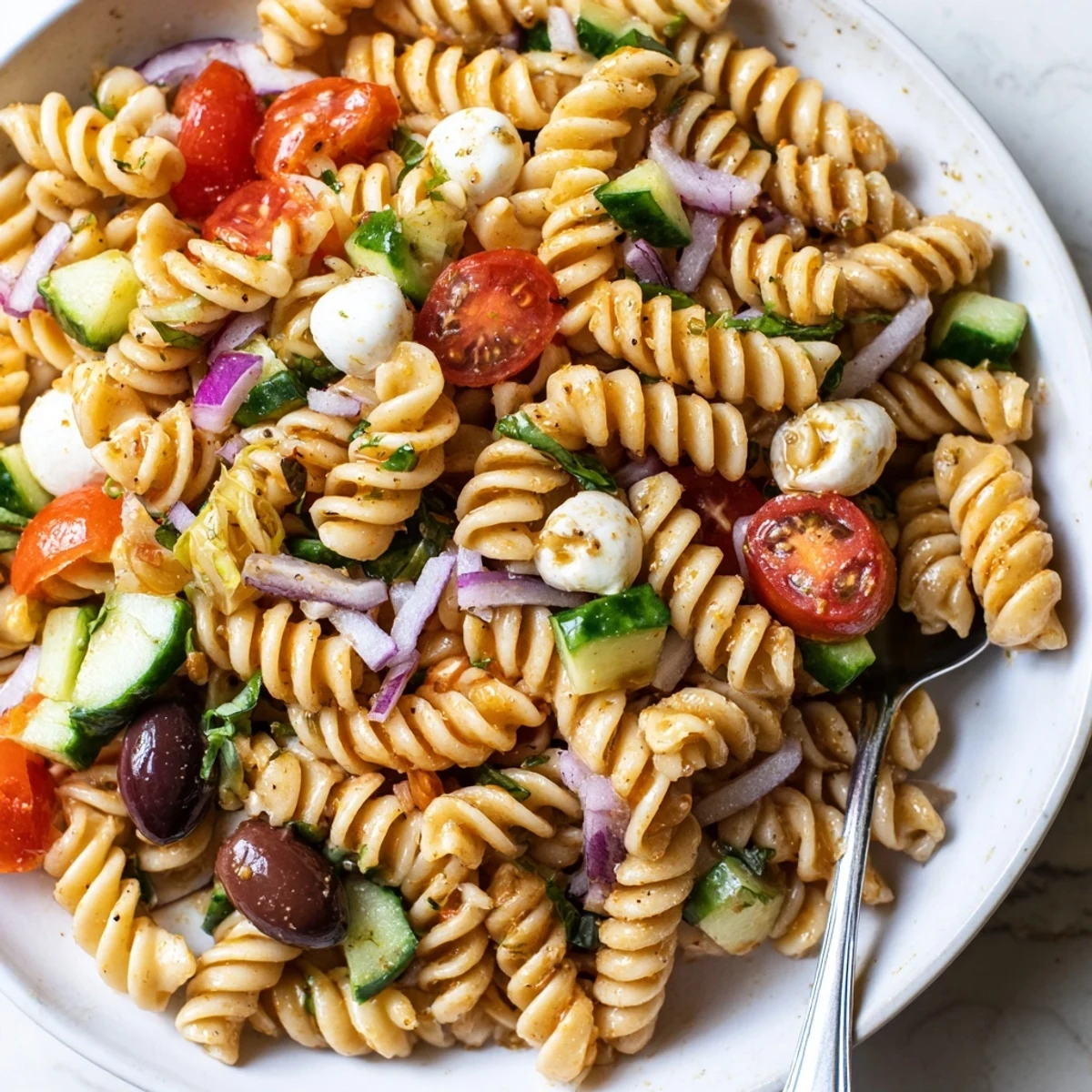 Gluten Free Italian Pasta Salad Recipe with vibrant tomatoes, basil, olive oil sheen