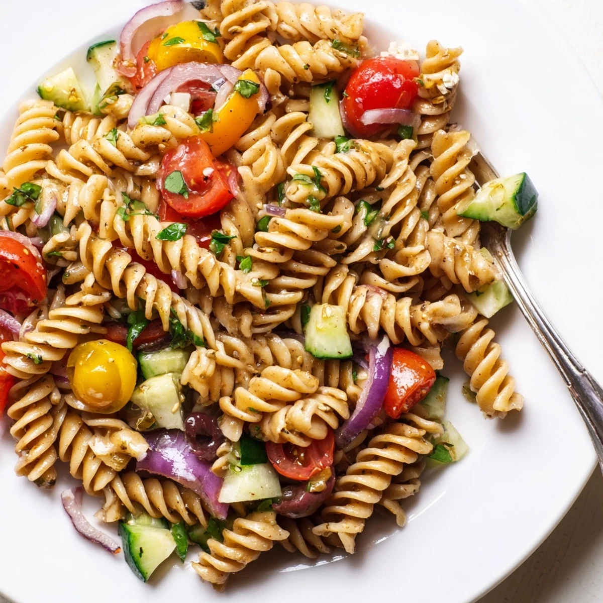 Chilled Gluten Free Italian Pasta Salad Recipe tossed with olives, mozzarella, fresh herbs