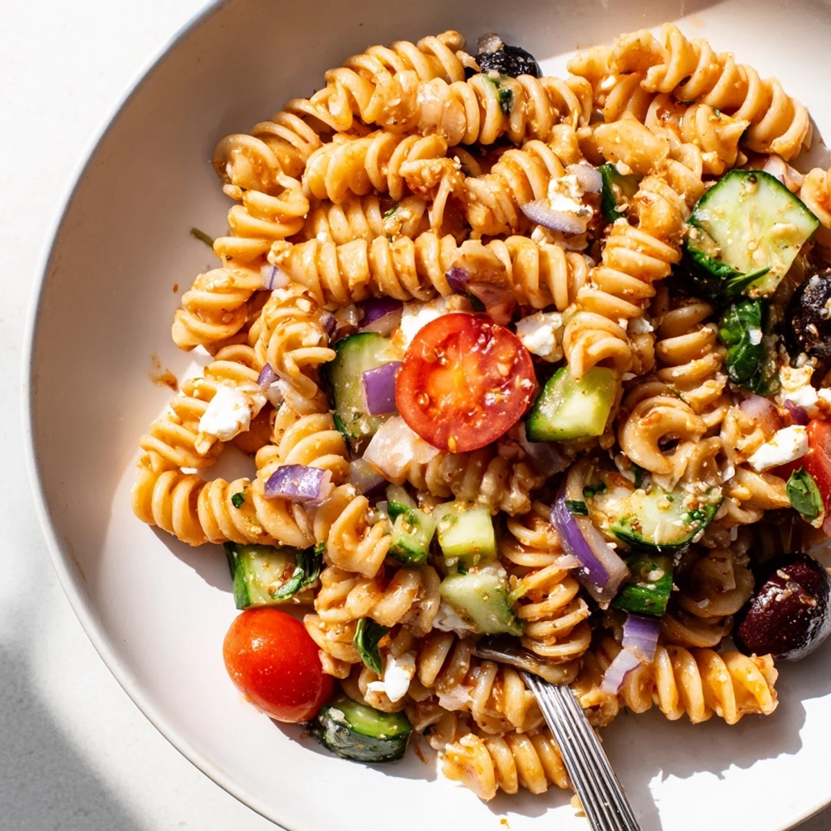 Picnic ready Gluten Free Italian Pasta Salad Recipe featuring crunchy cucumber, tangy dressing