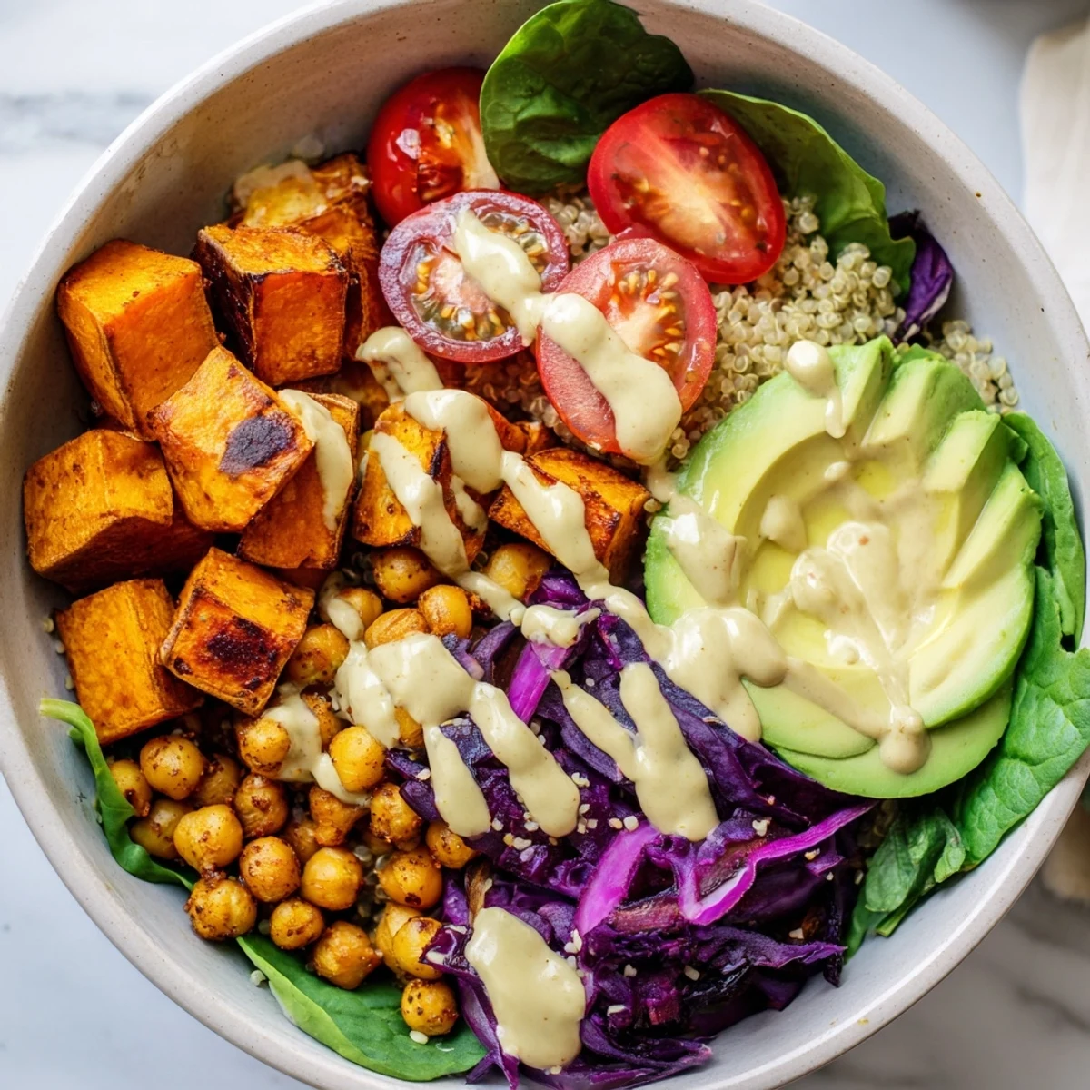 Golden roasted sweet potato bowl drizzled with creamy tahini dressing on rustic ceramic