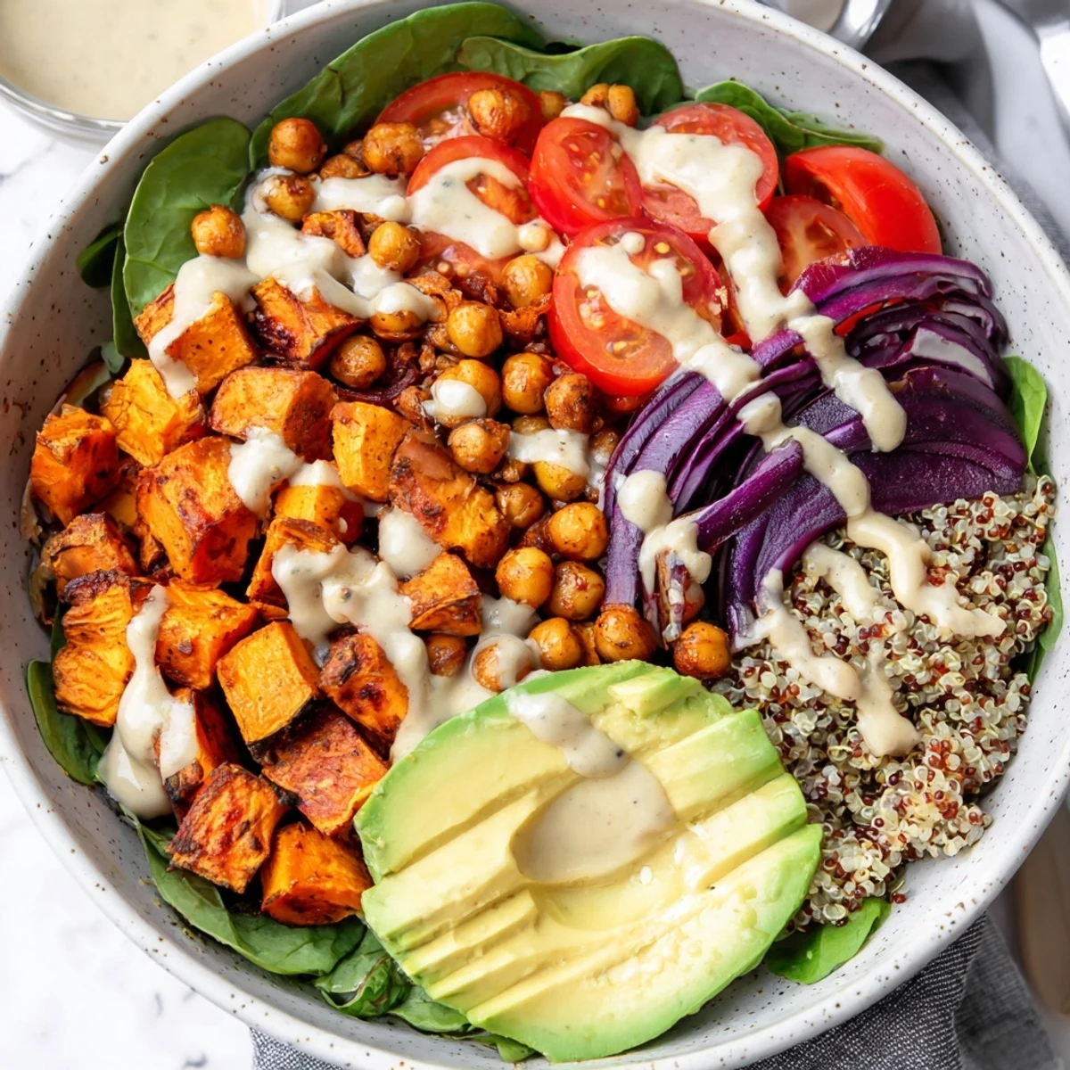 Vibrant sweet potato bowl with sliced avocado, chickpeas, and fresh leafy greens