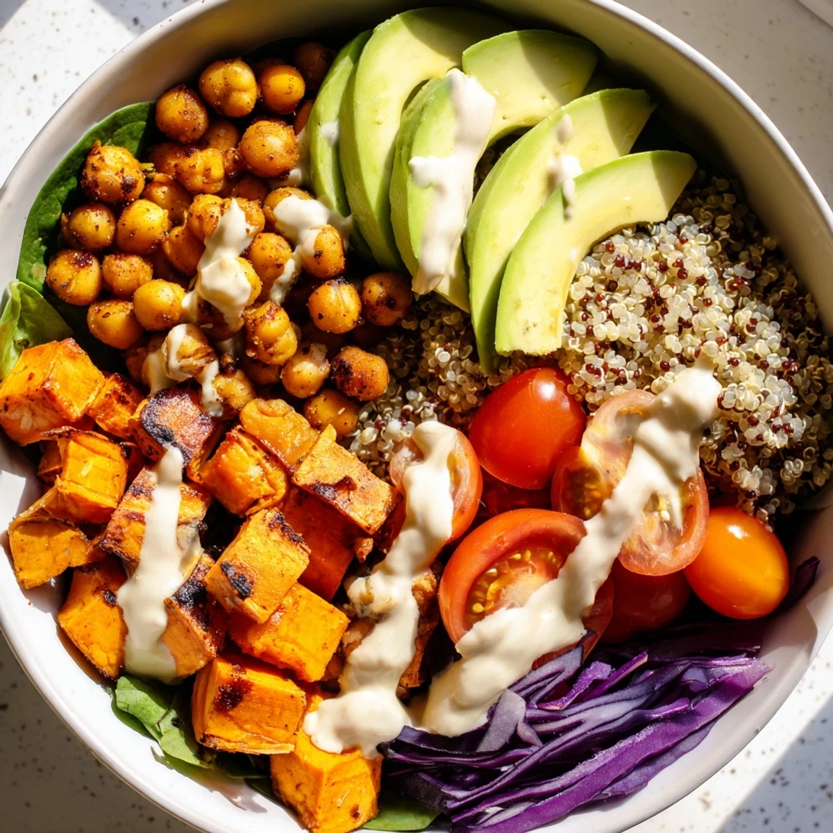 Warm sweet potato bowl topped with colorful vegetables and tangy tahini sauce