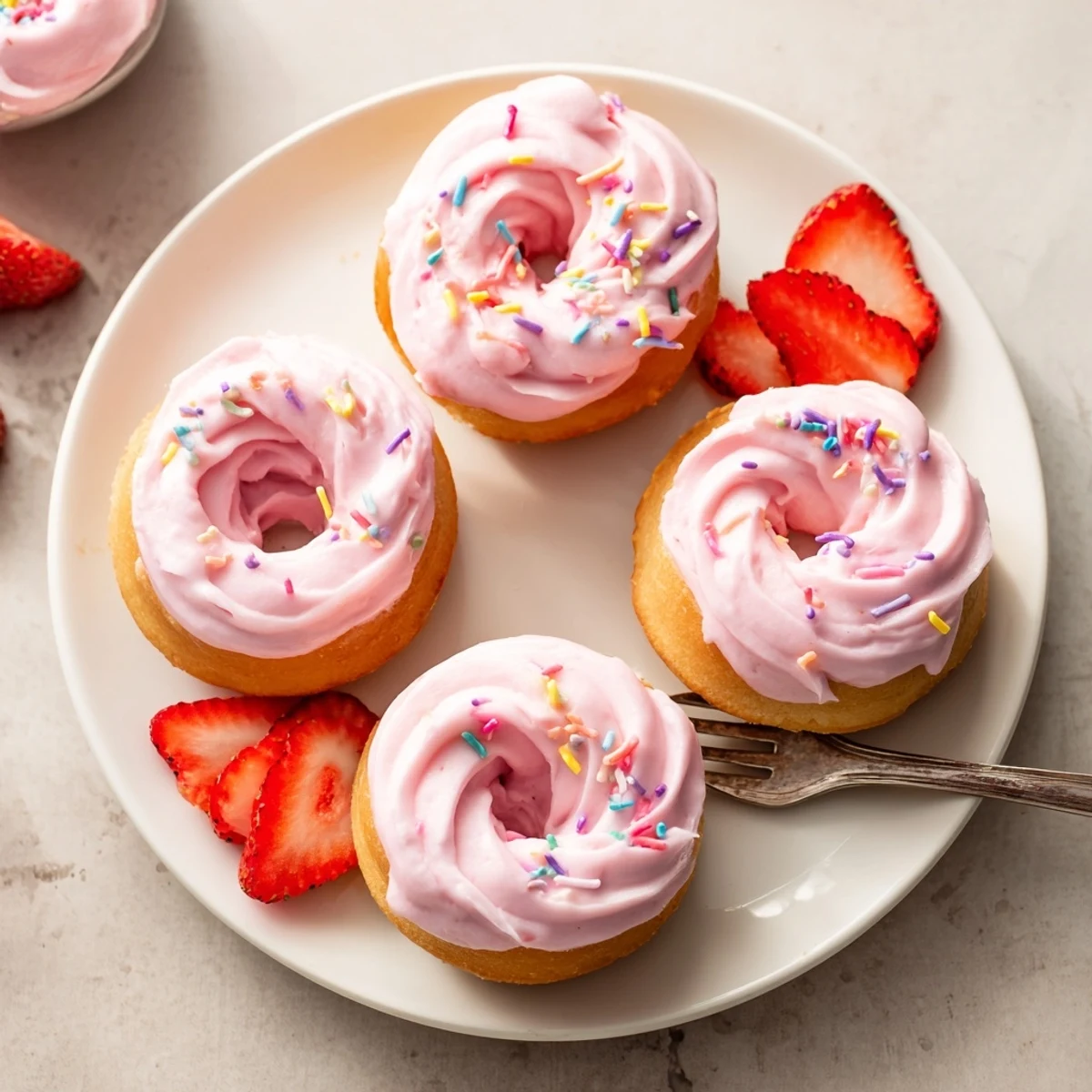 Soft baked strawberry buttercream frosted donuts crowned with glossy pink icing and fresh berry slices