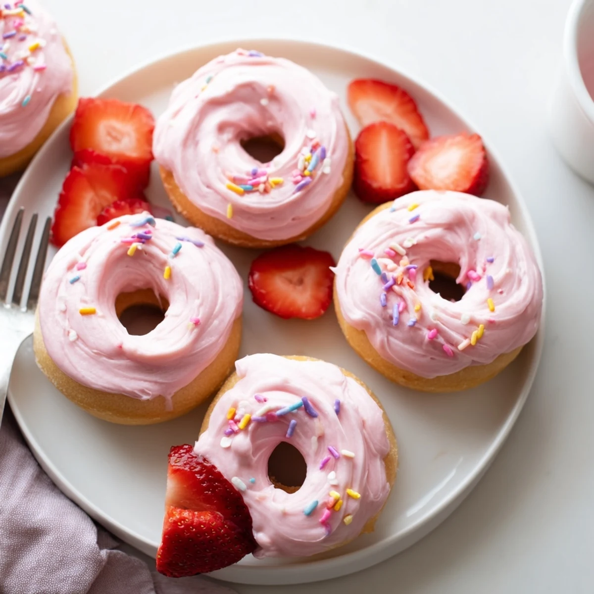 Plump strawberry buttercream frosted donuts piped high with creamy frosting and colorful rainbow sprinkles