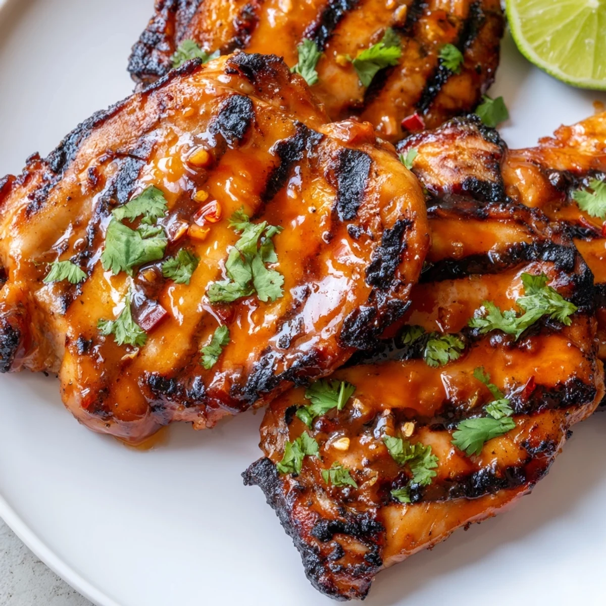 Juicy sweet n spicy grilled chicken thighs with caramelized grill marks on a plate