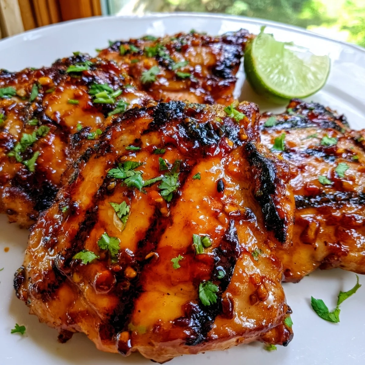 Close-up of golden sweet n spicy grilled chicken thighs sizzling hot off the summer grill