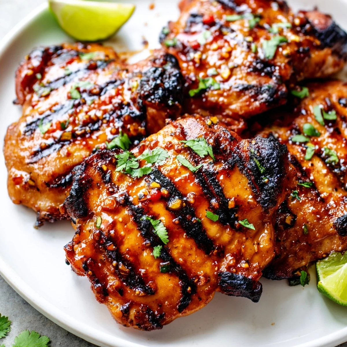Crispy-edged sweet n spicy grilled chicken thighs garnished with fresh cilantro and lime wedges