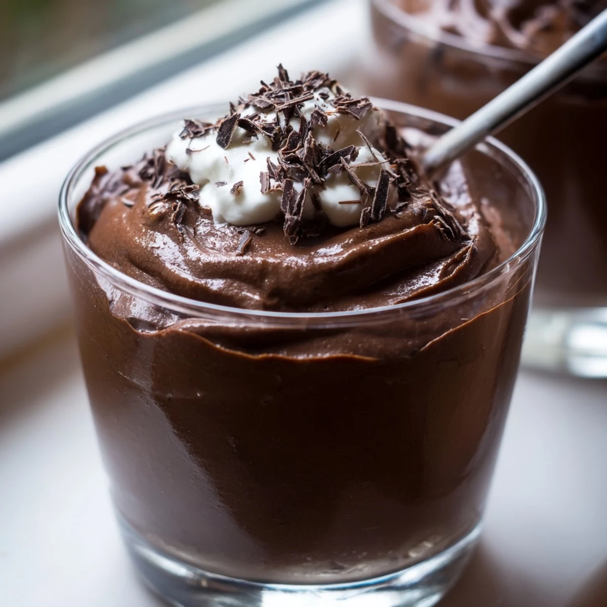 Velvety chocolate mousse served in elegant glasses topped with chocolate shavings