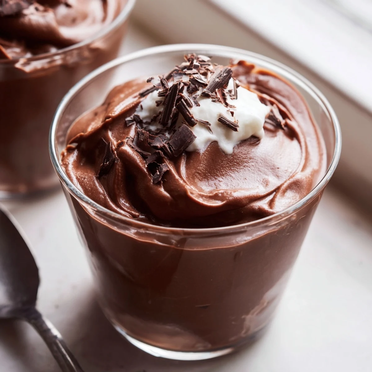 Creamy chocolate mousse spooned into ramekins with a dollop of whipped cream