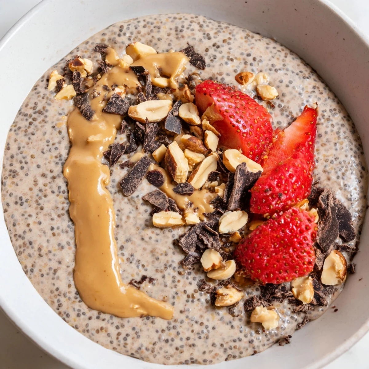 Creamy peanut butter chia pudding topped with sliced banana and roasted peanuts