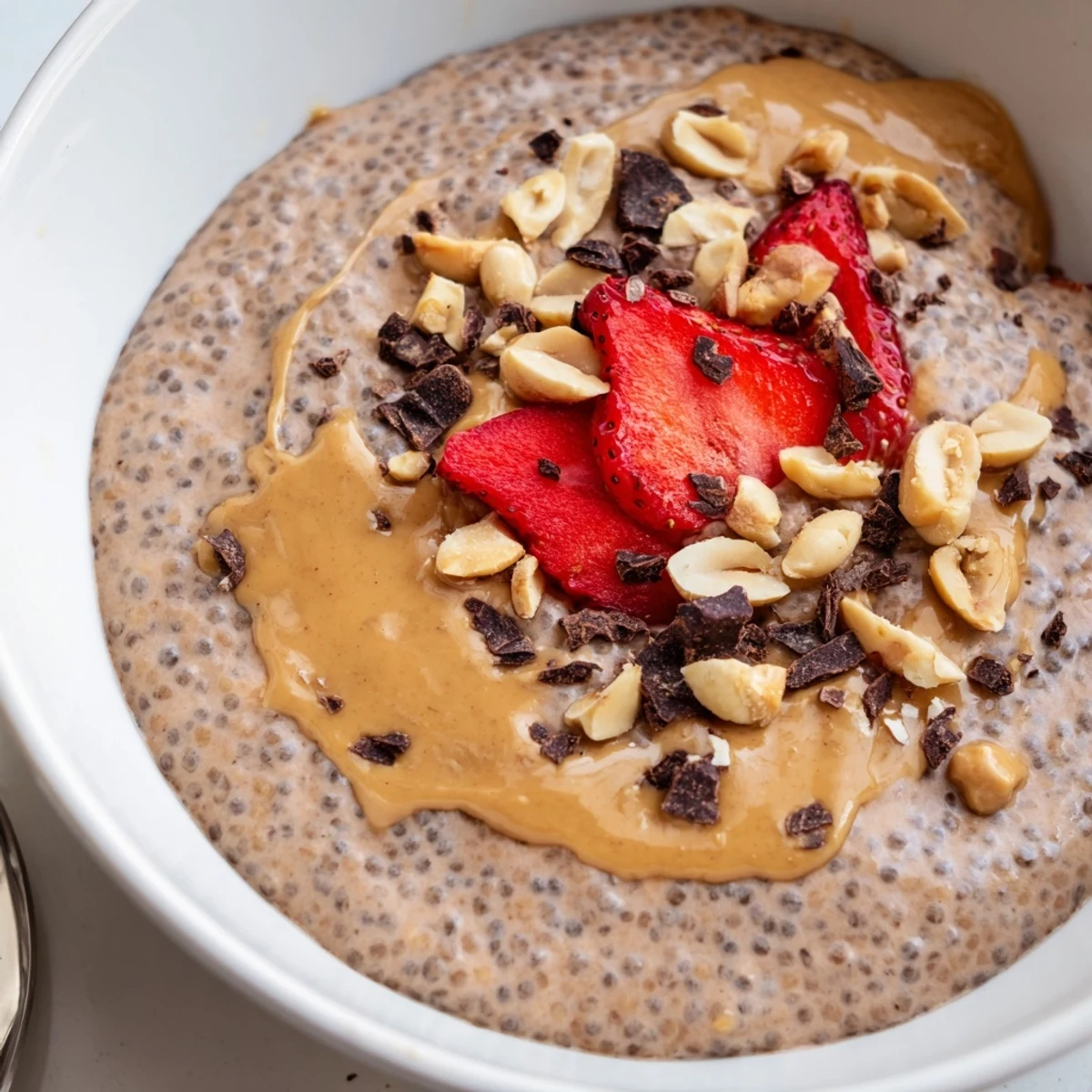 Velvety peanut butter chia pudding crowned with fresh berries and dark chocolate shavings