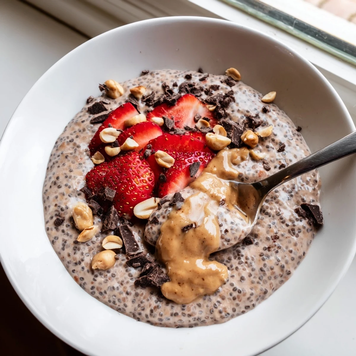 Thick chocolate-drizzled peanut butter chia pudding served in rustic glass jars
