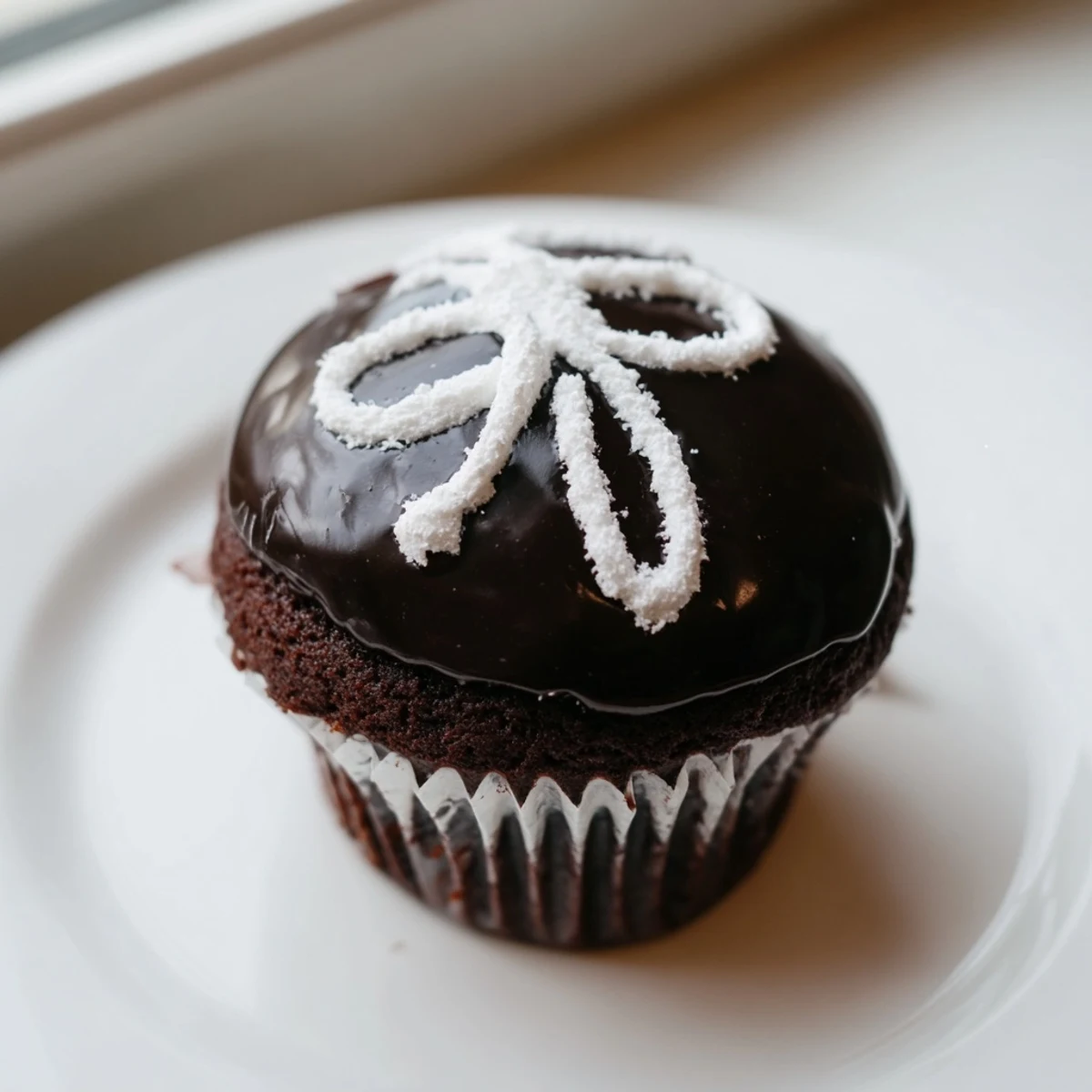 Cream-filled Homemade Hostess Cupcakes topped with rich ganache on a rustic baking rack