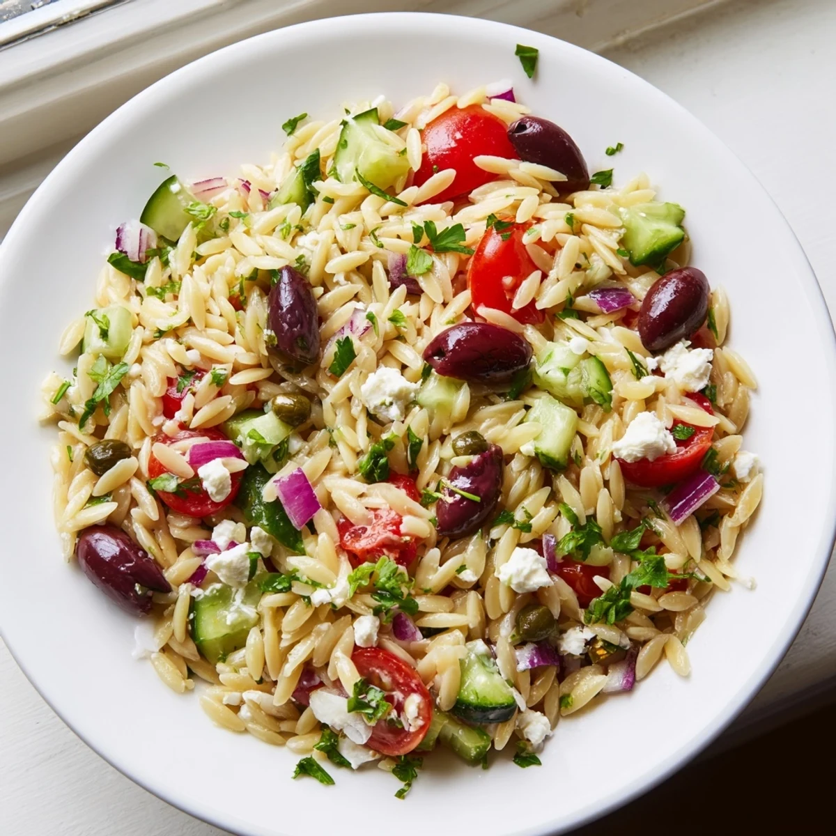 Juicy Mediterranean Orzo Pasta Salad served in a rustic bowl with olives, feta, and fresh herbs