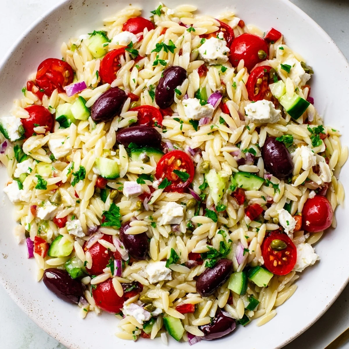Creamy feta and colorful vegetables coat every bite of Juicy Mediterranean Orzo Pasta Salad