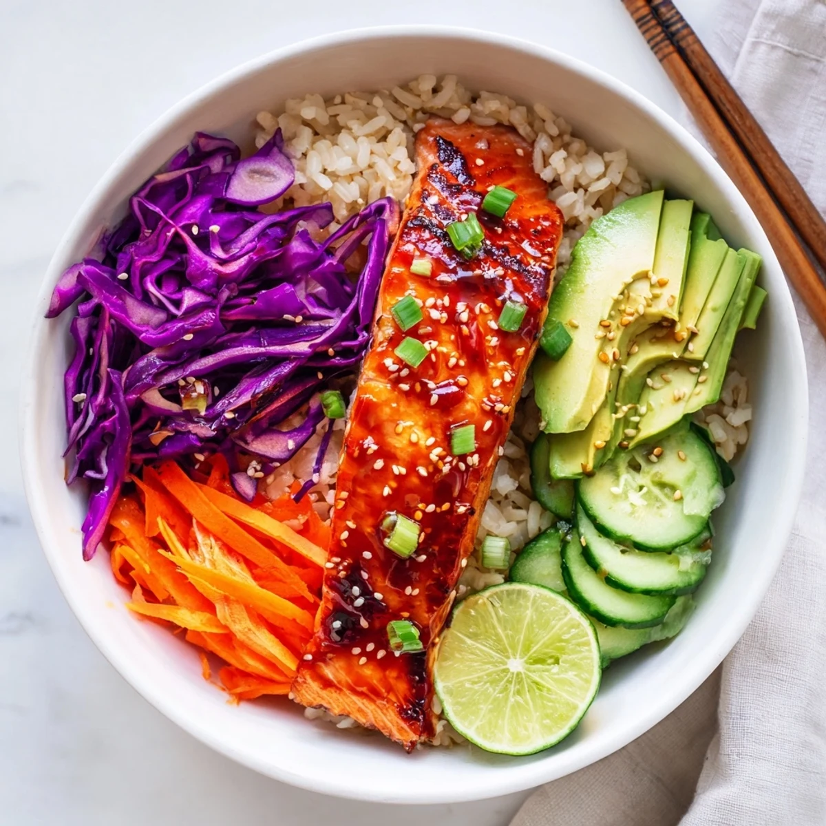 Glistening Sriracha Honey Glazed Salmon Bowls with vibrant vegetables and fluffy white rice