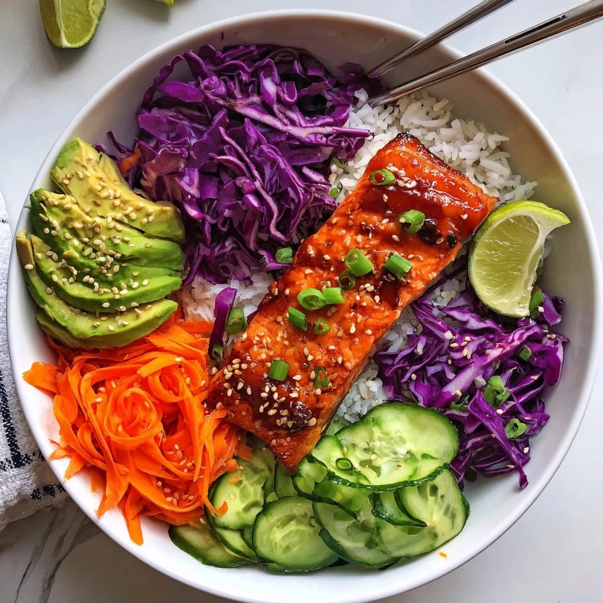 Tender glazed salmon nestled over crisp cabbage and creamy avocado in colorful bowls