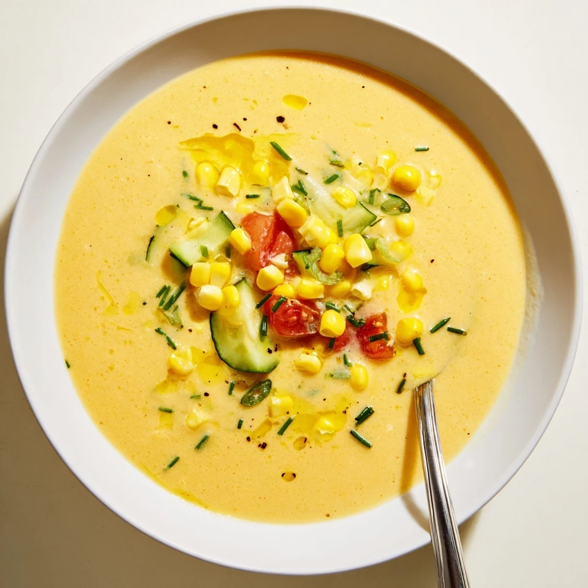 A bright yellow bowl of Summer Sweet Corn Gazpacho topped with fresh basil and golden corn kernels