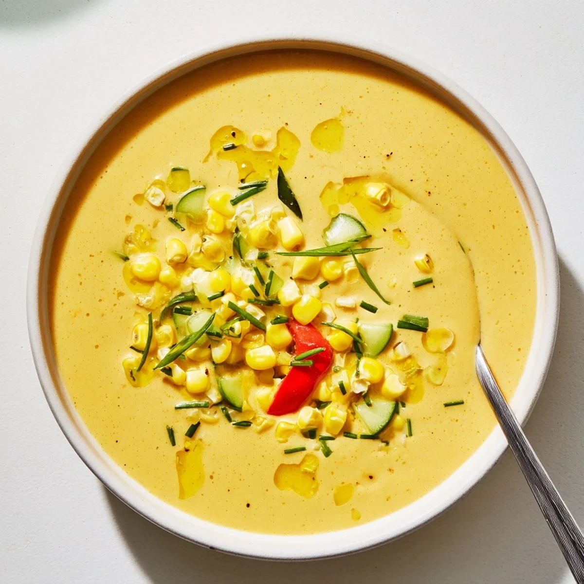 Chilled Summer Sweet Corn Gazpacho poured into shallow bowls with a drizzle of olive oil garnish
