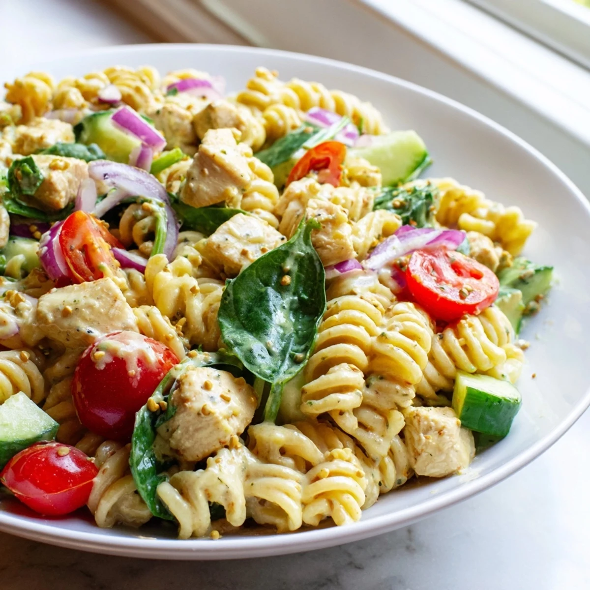 Honey mustard chicken pasta salad in a large bowl drizzled with golden tangy dressing