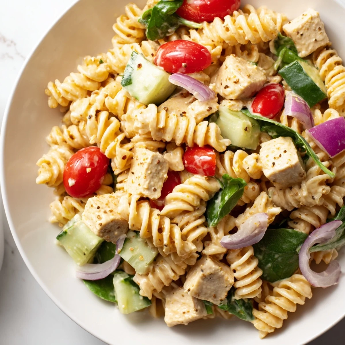 Creamy honey mustard chicken pasta salad topped with colorful crisp vegetables and tender chicken bites