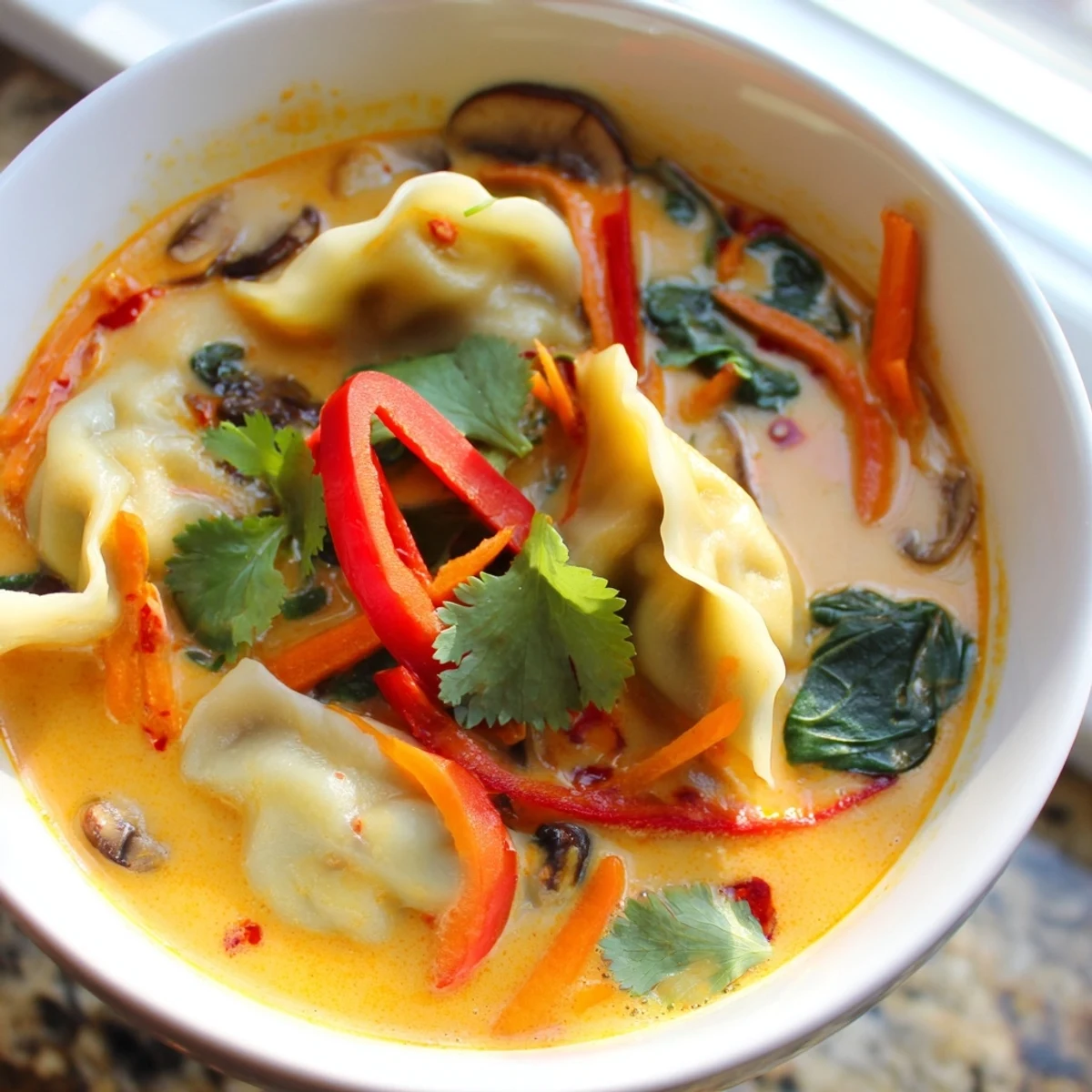 Creamy Thai dumpling soup in golden coconut broth with fresh herbs and chili