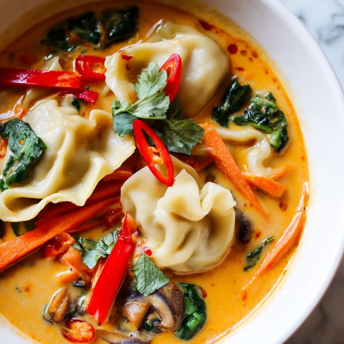 Steaming creamy Thai dumpling soup with plump wontons shiitake mushrooms and wilted spinach