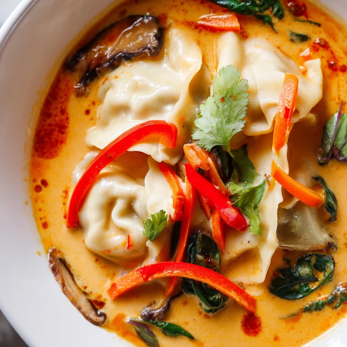 Bowl of creamy Thai dumpling soup topped with Thai basil and lime wedges