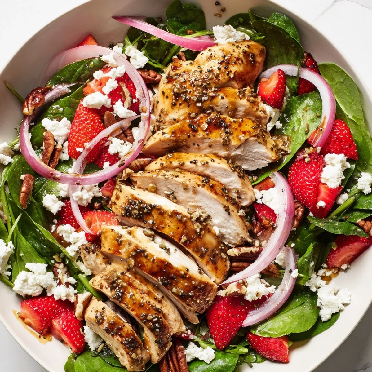Fresh strawberry chicken salad with sliced berries, feta, and greens drizzled with poppy seed dressing