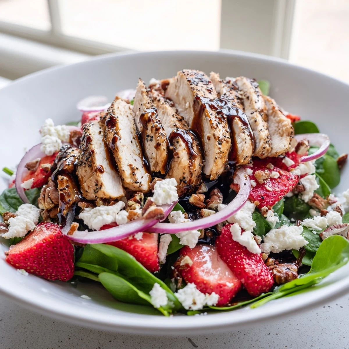 Colorful strawberry chicken salad featuring juicy sliced strawberries, crumbled feta, and tender mixed greens
