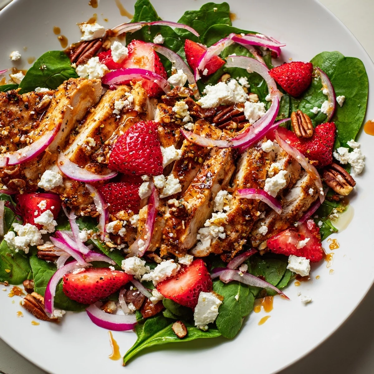 Golden seared chicken breast nestled atop a vibrant strawberry chicken salad with toasted pecans