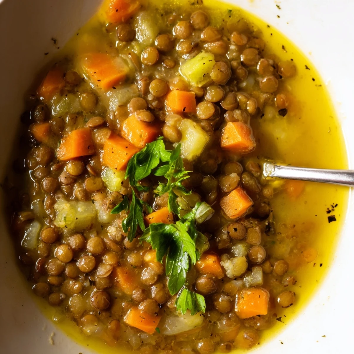 A steaming bowl of lemon lentil soup topped with fresh parsley and a bright citrus wedge