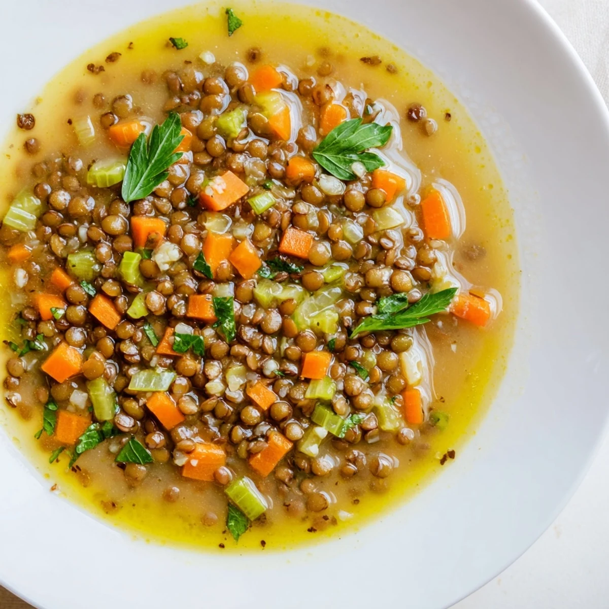 Golden lemon lentil soup served with crusty bread, vibrant carrot pieces visible throughout the broth