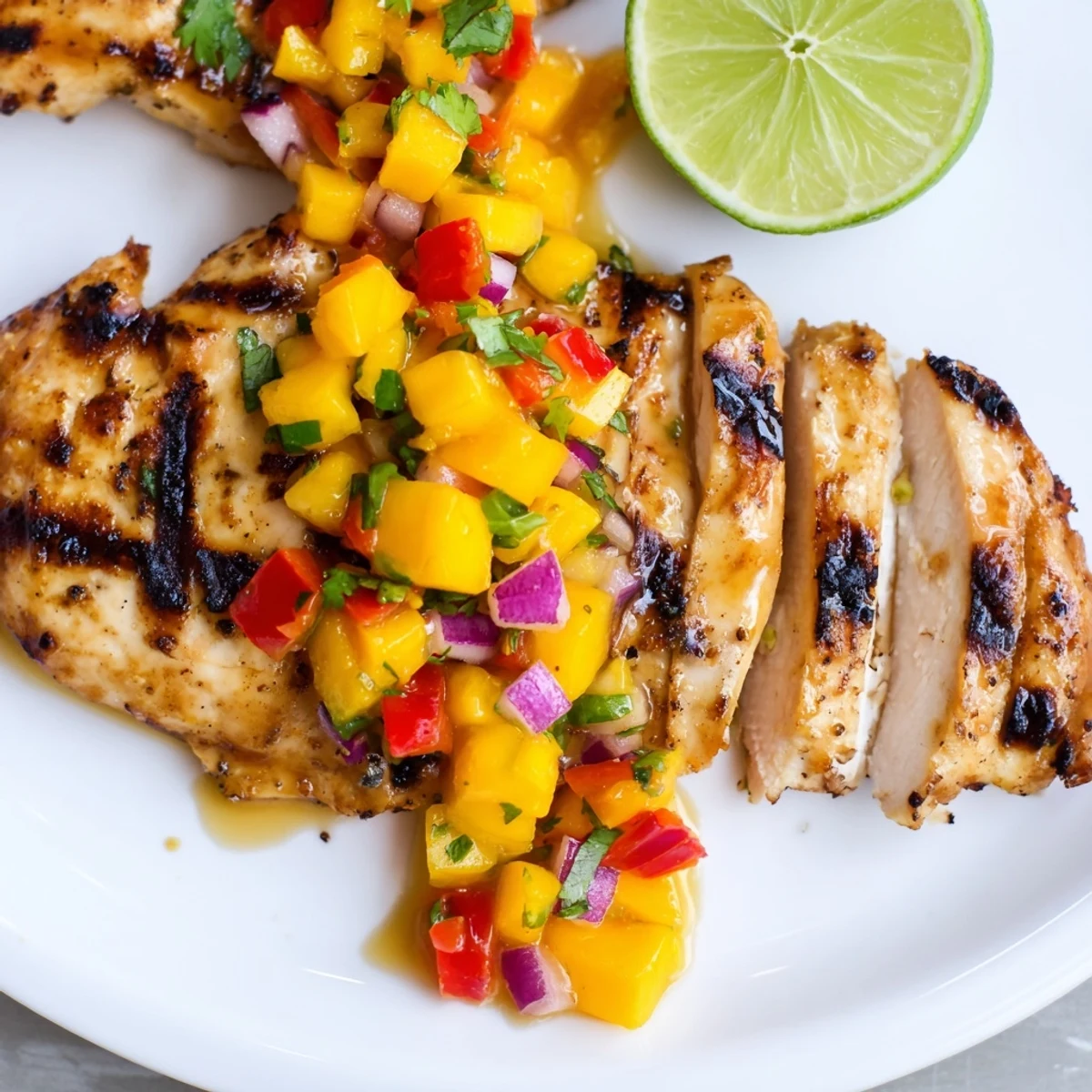 Golden honey lime chicken with colorful mango salsa on a white plate