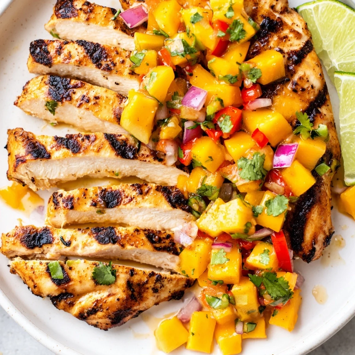 Juicy honey lime chicken breast served with fresh mango salsa and lime wedges