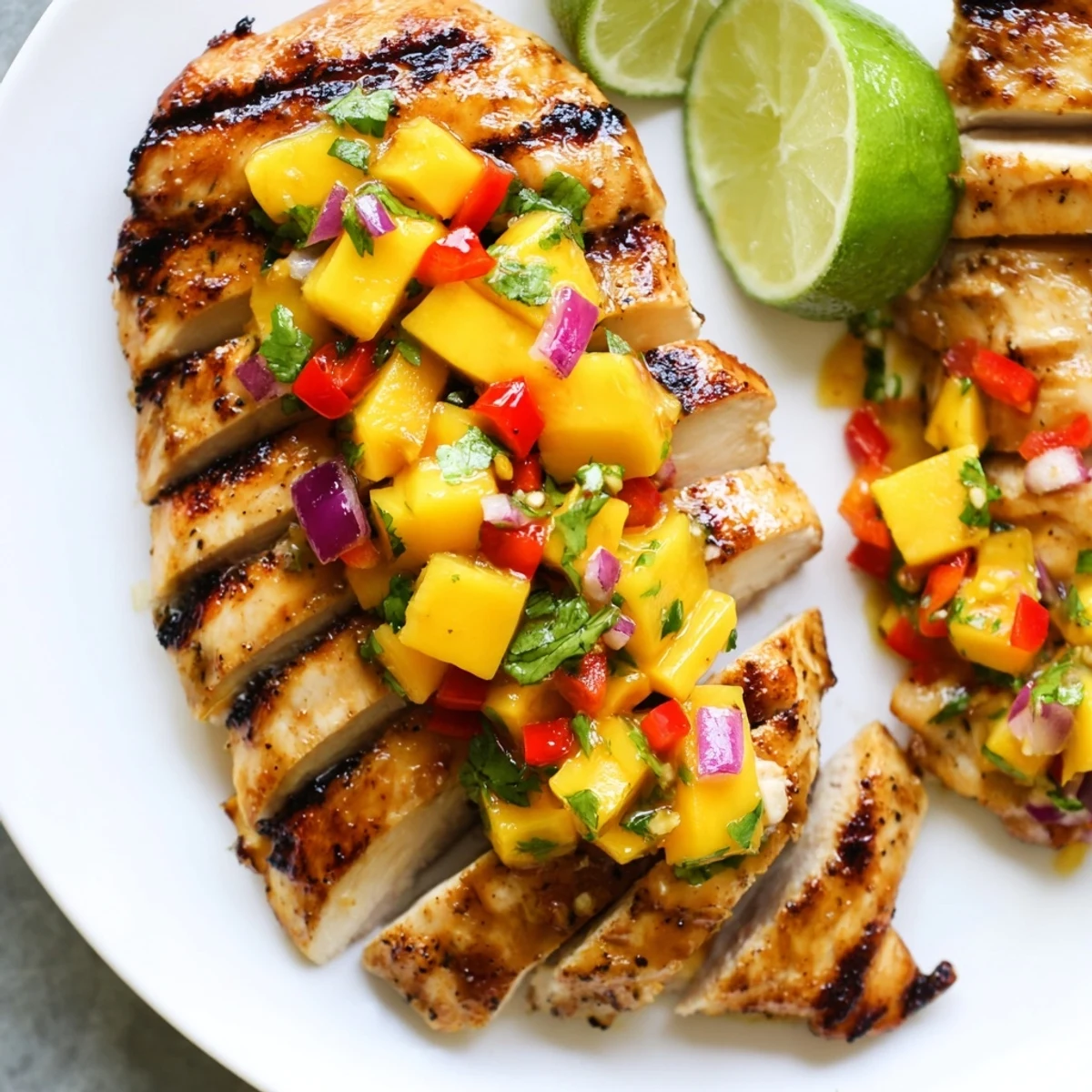 Grilled honey lime chicken sliced and topped with vibrant tropical mango salsa