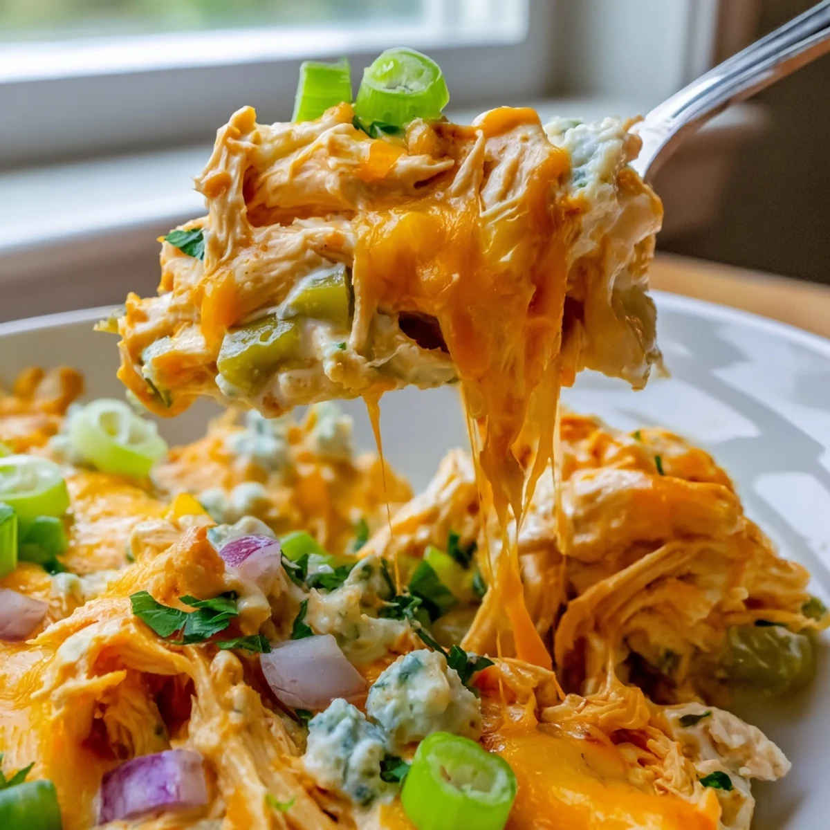 Golden baked Jalapeno Buffalo Chicken Casserole with melted cheddar bubbling on top