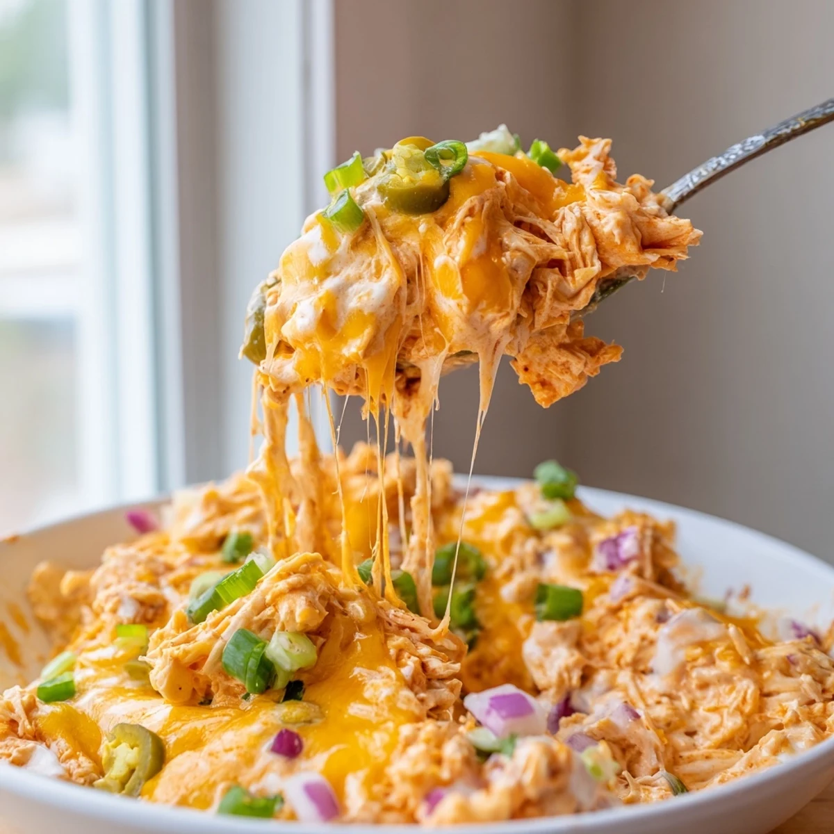 Creamy Jalapeno Buffalo Chicken Casserole with spicy buffalo sauce and melted mozzarella