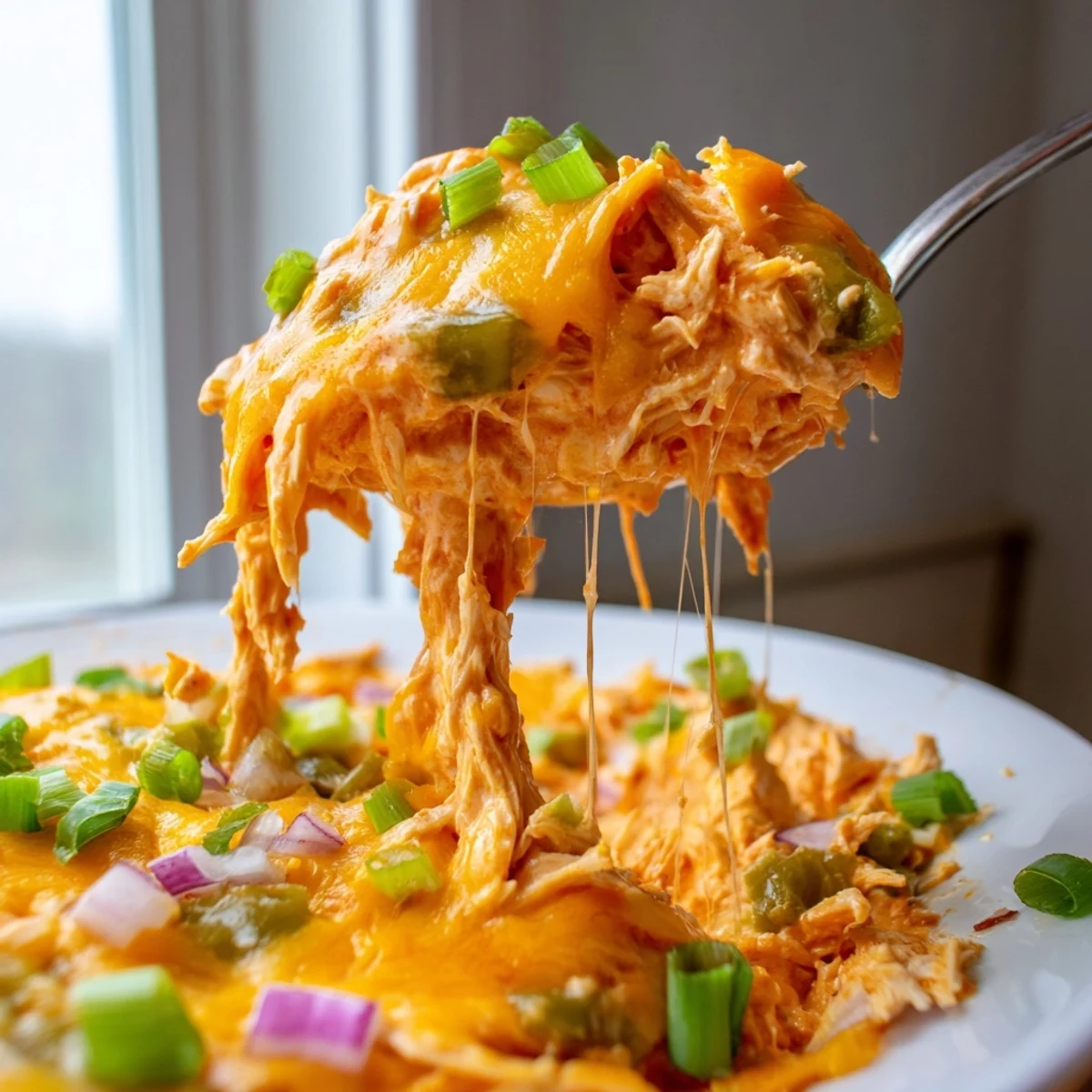 Bubbling Jalapeno Buffalo Chicken Casserole fresh from oven topped with green onions