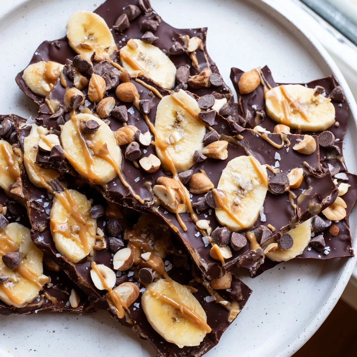 Cracked chocolate banana bark with chopped nuts and flaky sea salt topping