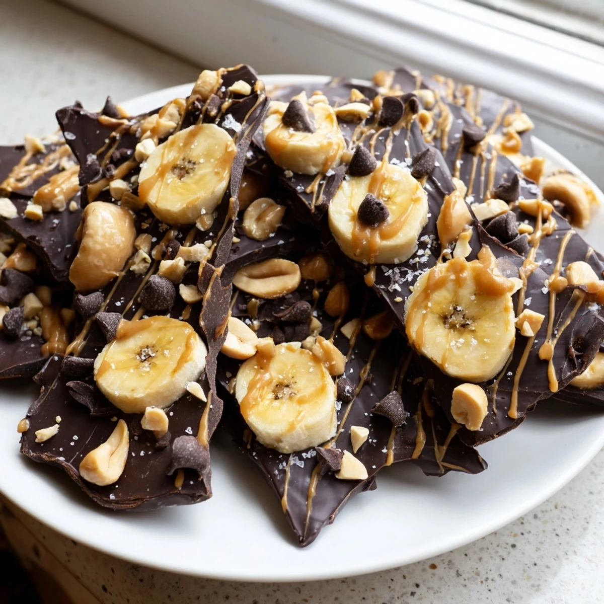Glossy dark chocolate banana bark drizzled with peanut butter and roasted peanuts