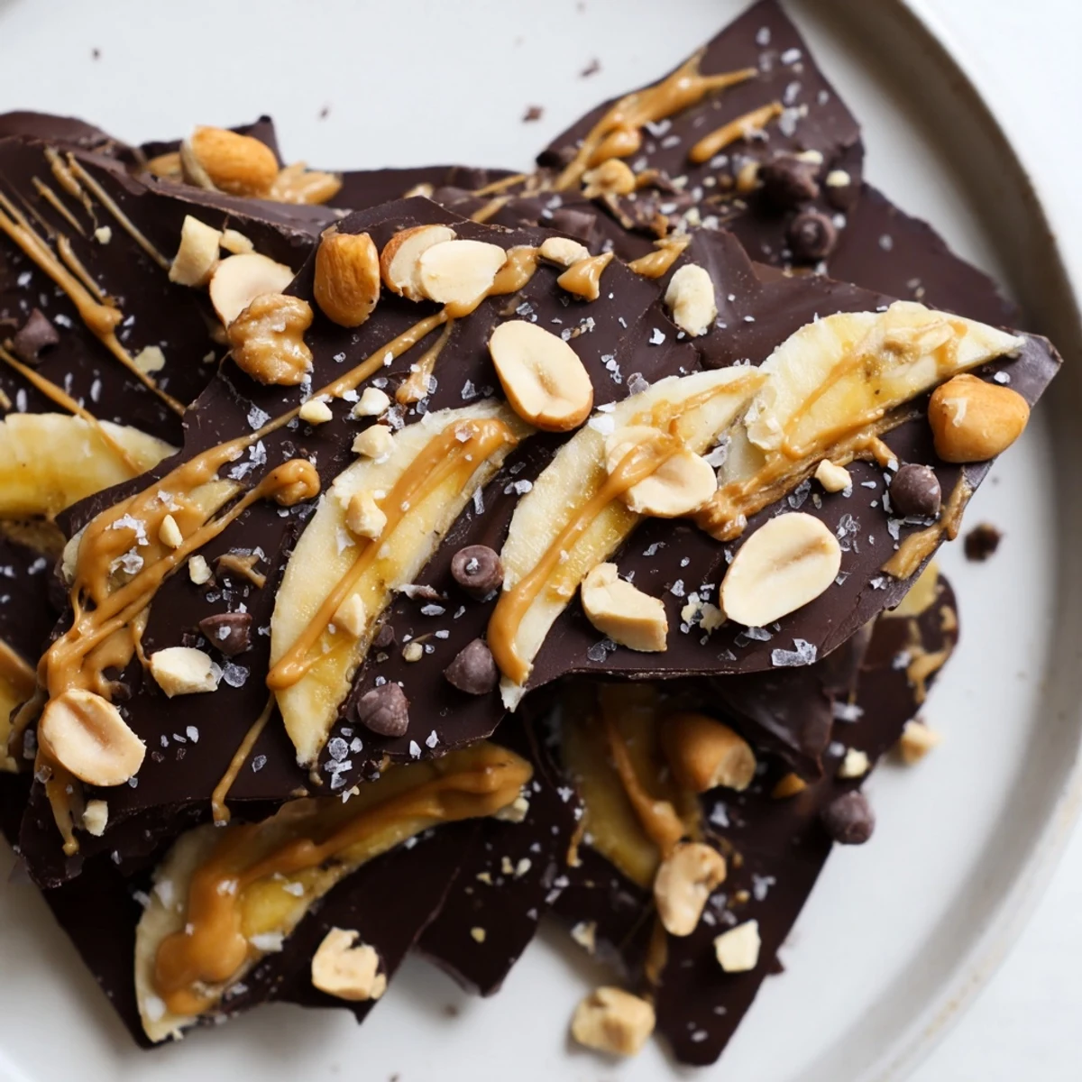Frozen chocolate banana bark pieces topped with mini chips and crunchy almonds